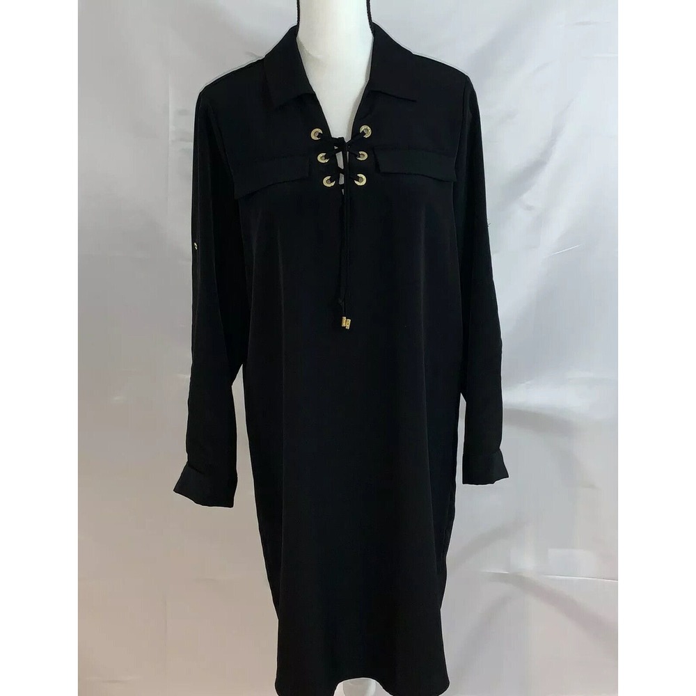 Calvin Klein Womens Sheath Dress Black Stretch Lace Up V Neck 3/4 Sleeve‎ 12